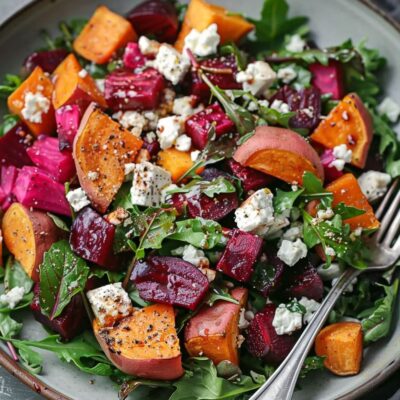 Creamy Roasted Beet Salad with Sweet Potato & Feta